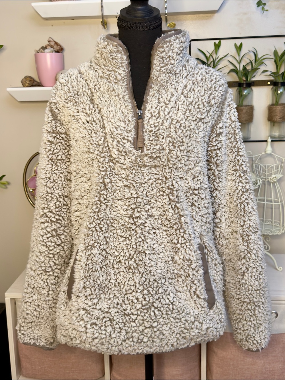 Altar'd State Latte Teddy Sherpa Quarter Zip Pullover Jacket Cozy Small